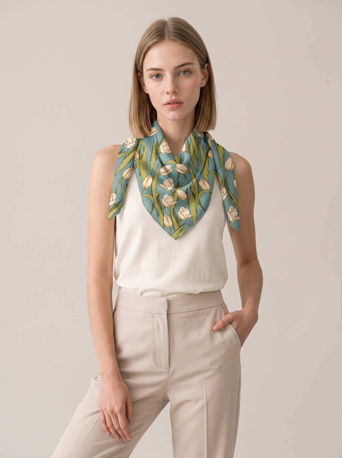 "Jade Lake Tulip" Floral 100% Mulberry Silk Scarf
