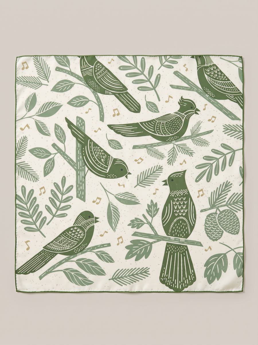 "Botanical Garden" Bird 100% Mulberry Silk Scarf