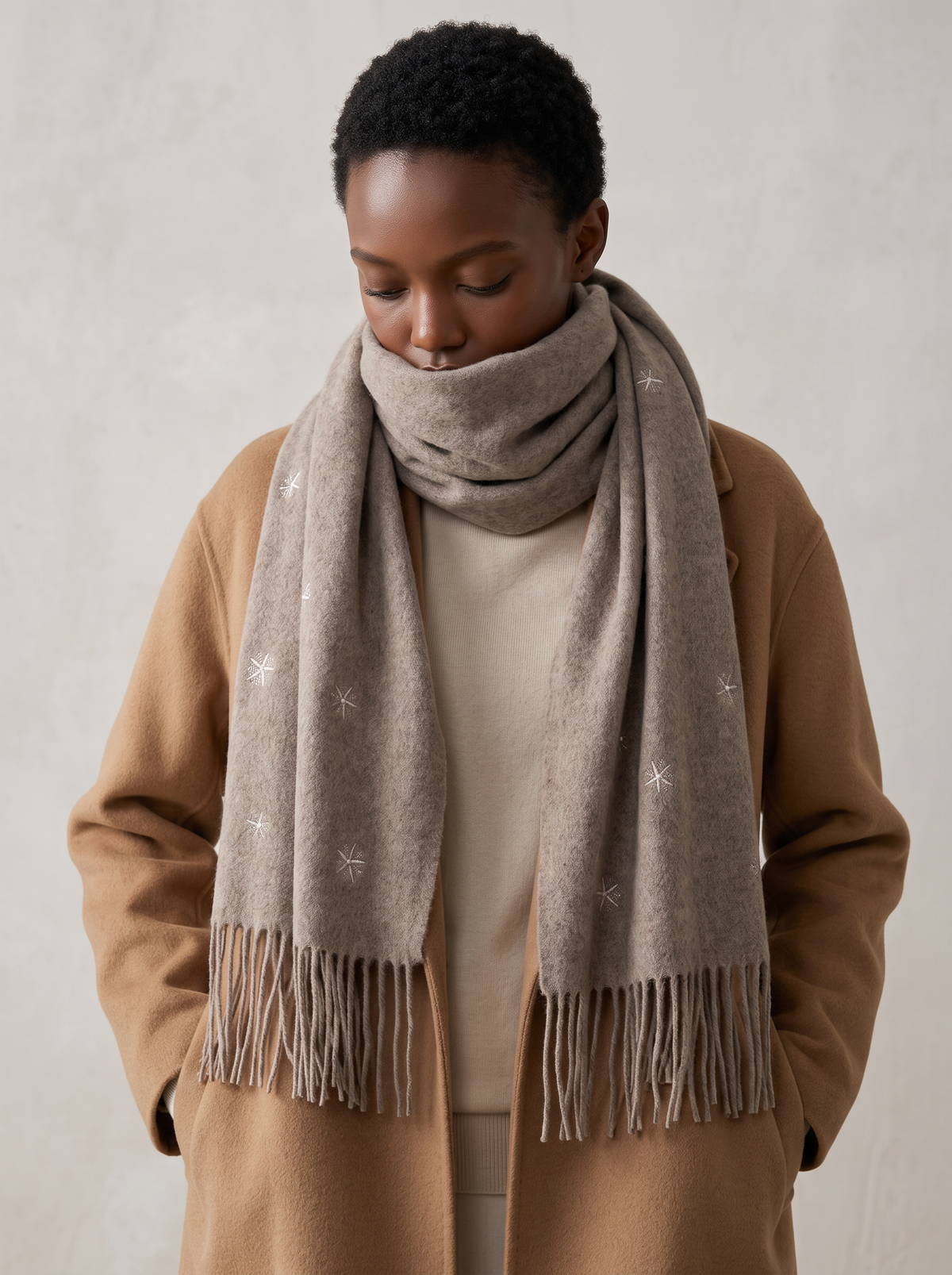 "Winter Pearl" Embroidered Snowflake Wool Wrap