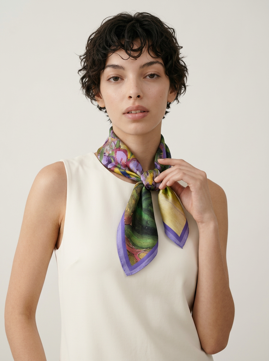 "Purple Iris" Oil-Painting 100% Mulberry Silk Scarf