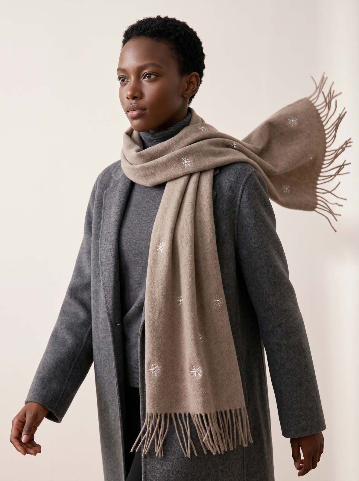"Winter Pearl" Embroidered Snowflake Wool Wrap
