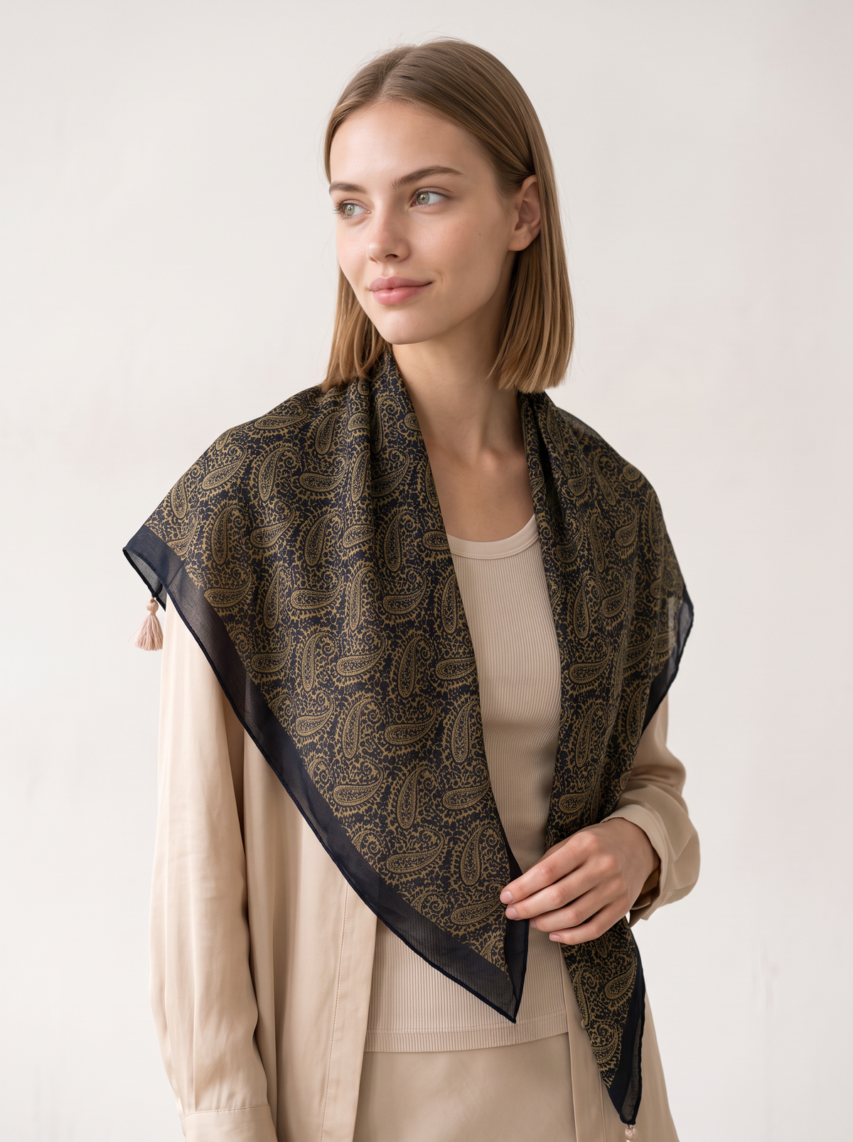 Paisley Border Tassel Square Scarf