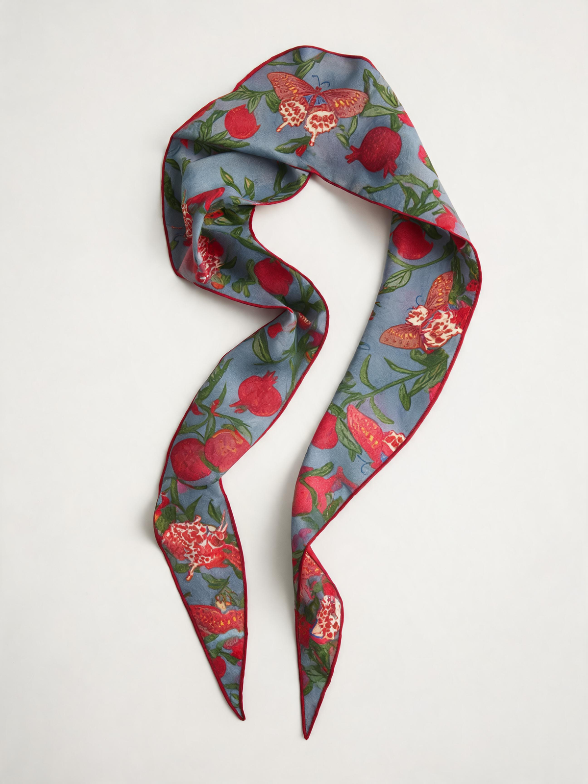 "Crimson Harvest" Flora & Butterfly 100% Mulberry Silk Diamond Scarf