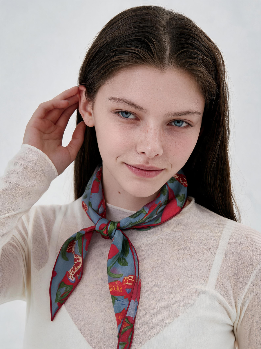 "Crimson Harvest" Flora & Butterfly 100% Mulberry Silk Diamond Scarf