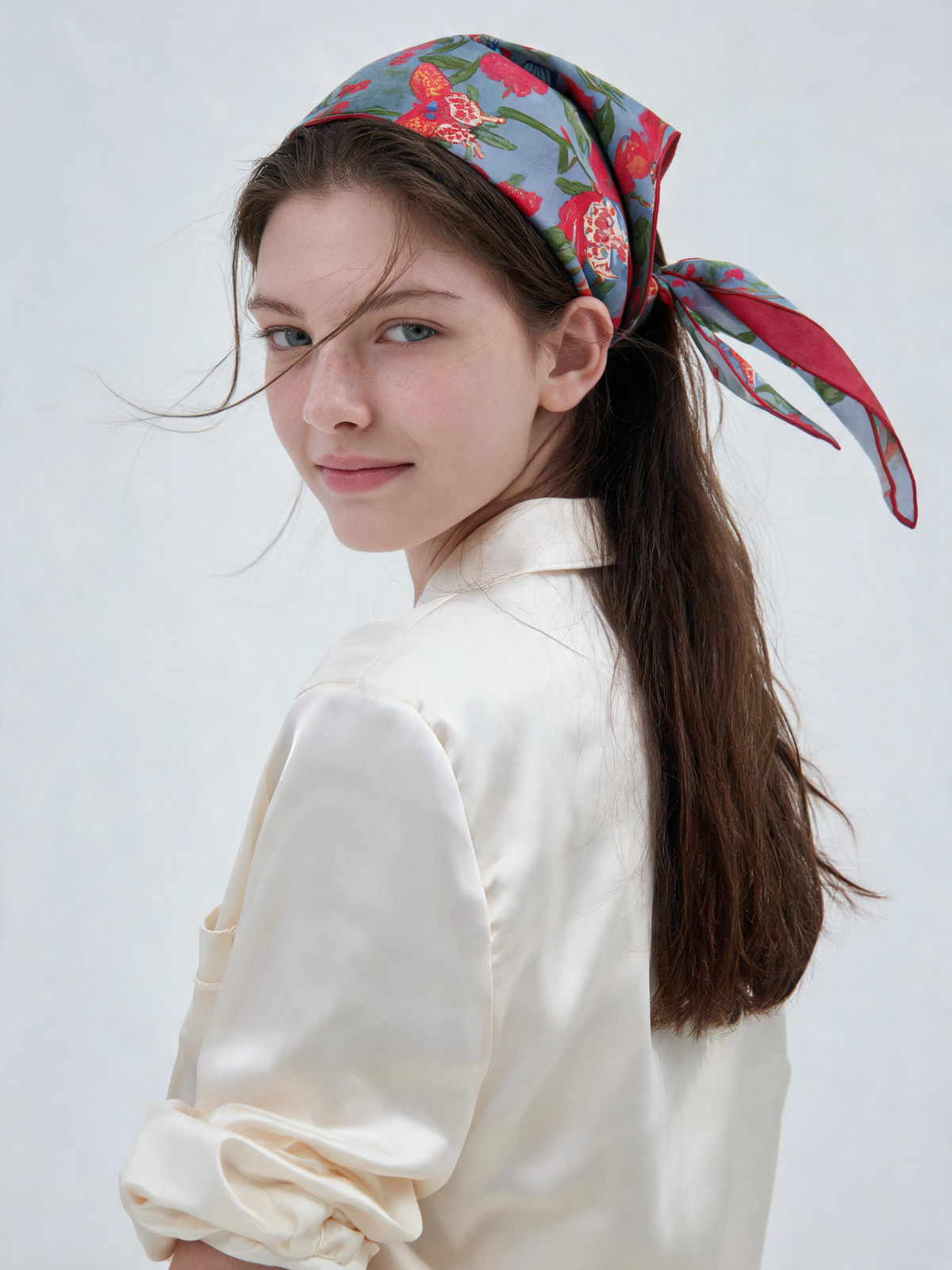 "Crimson Harvest" Flora & Butterfly 100% Mulberry Silk Diamond Scarf