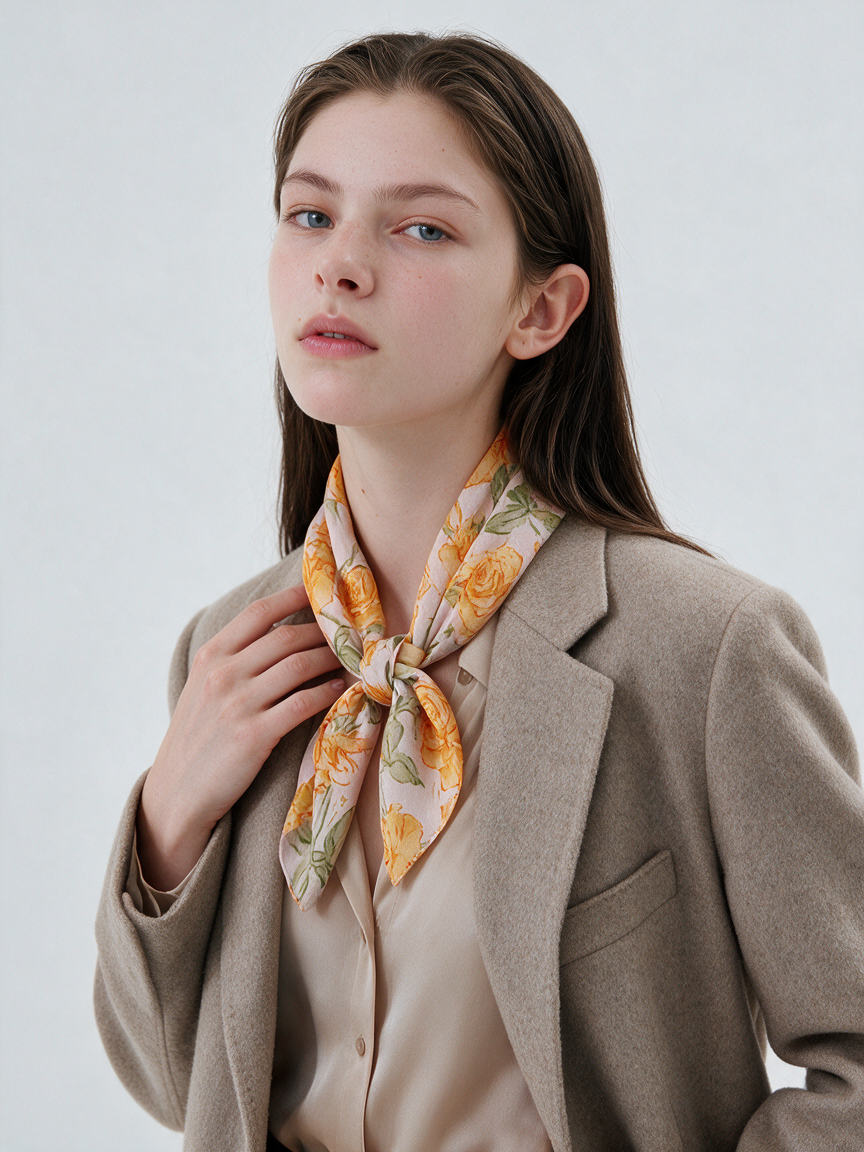 Golden Secret Garden" Yellow Rose 100% Mulberry Silk Scarf