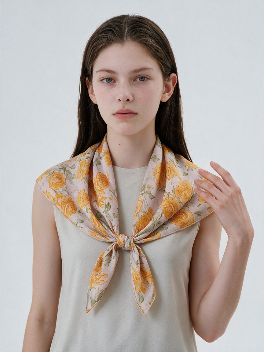 Golden Secret Garden" Yellow Rose 100% Mulberry Silk Scarf