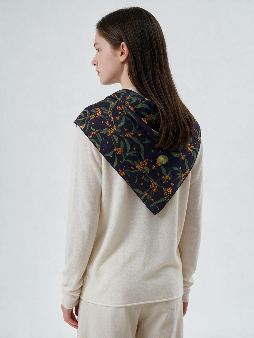 "Osmanthus Nights" Floral 100% Mulberry Silk Scarf