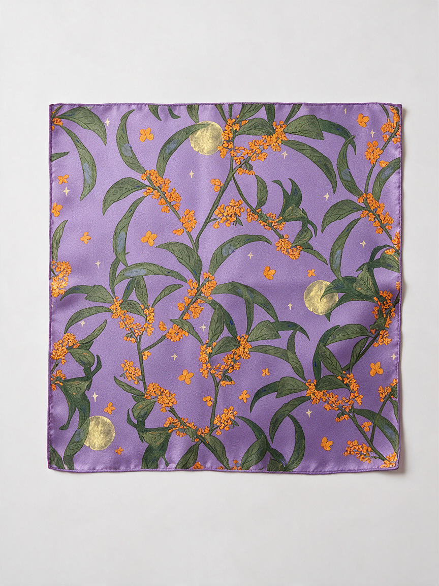 "Osmanthus Nights" Floral 100% Mulberry Silk Scarf