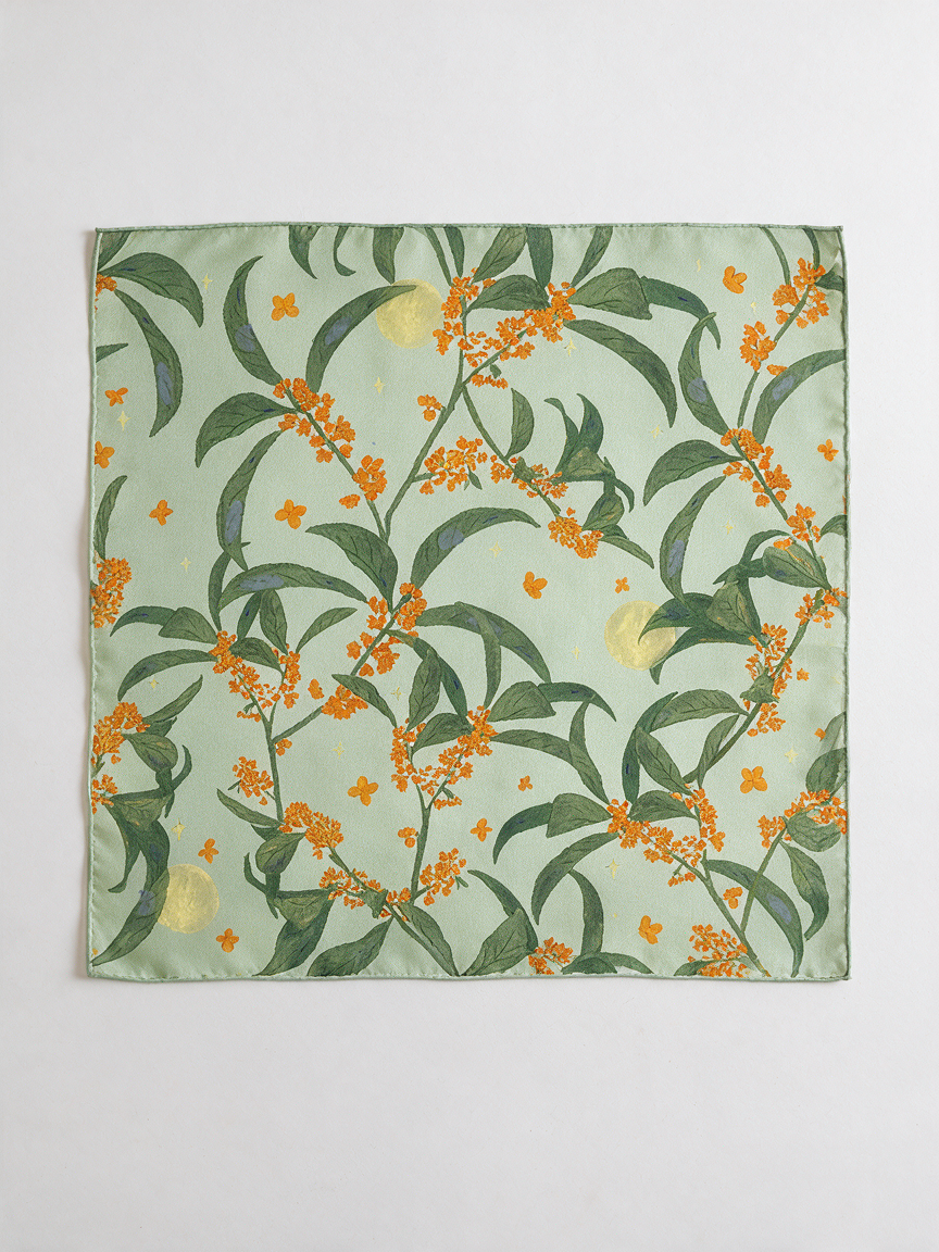 "Osmanthus Nights" Floral 100% Mulberry Silk Scarf