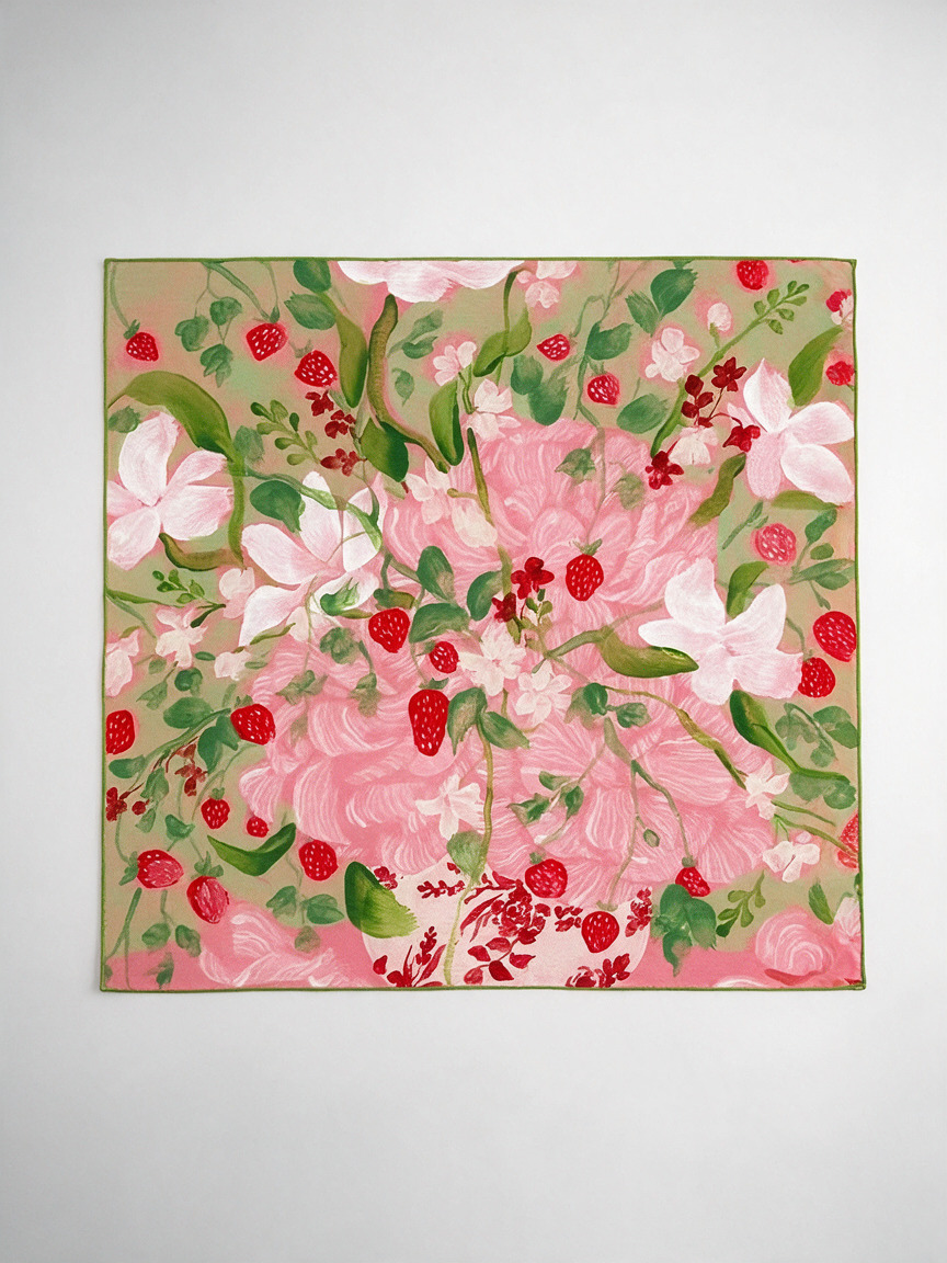 "Wild Strawberry" Watercolor 100% Mulberry Silk Scarf