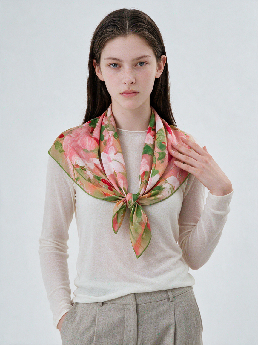 "Wild Strawberry" Watercolor 100% Mulberry Silk Scarf