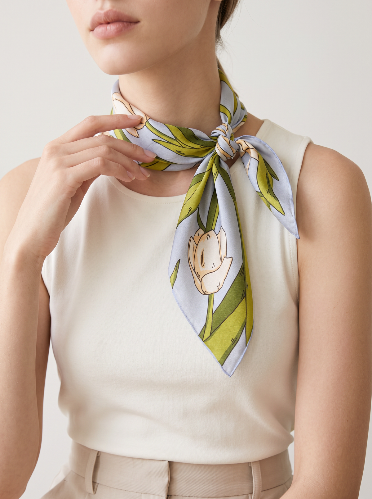 "Jade Lake Tulip" Floral 100% Mulberry Silk Scarf