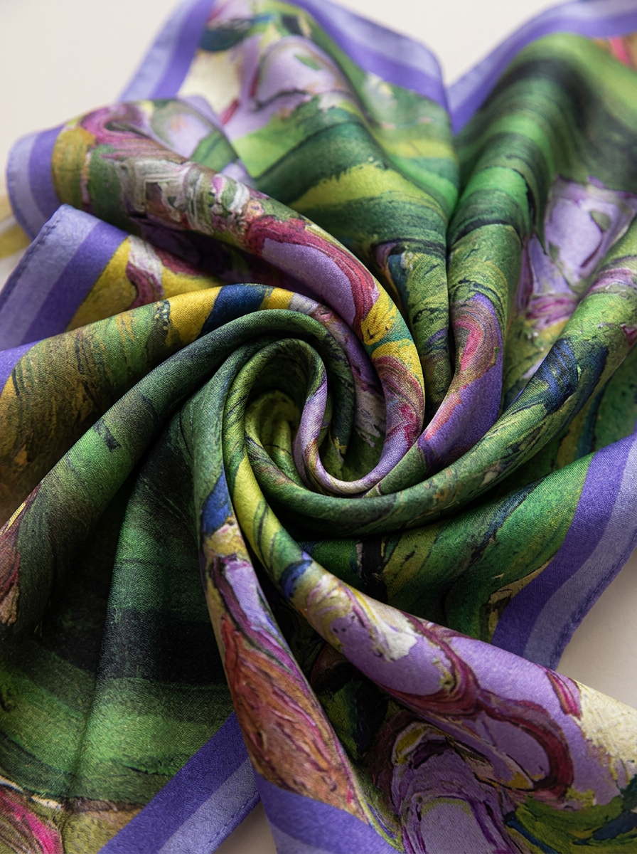 "Purple Iris" Oil-Painting 100% Mulberry Silk Scarf