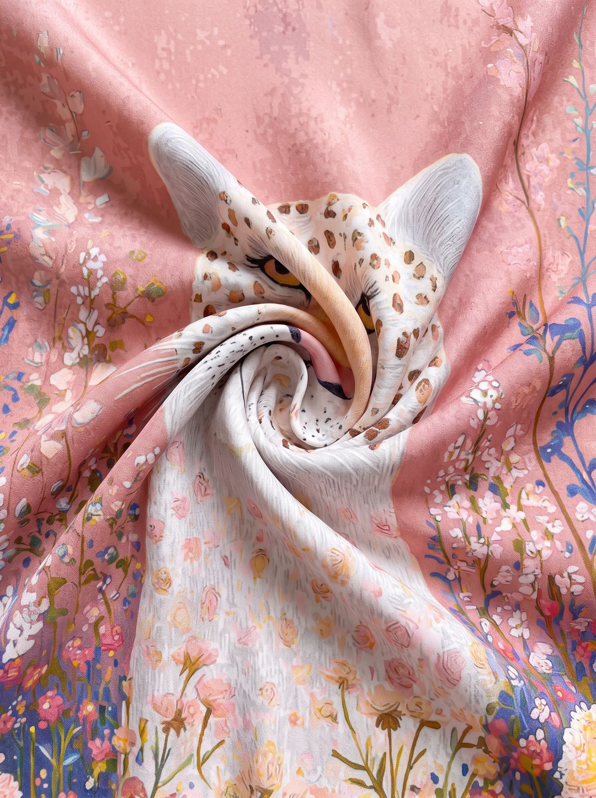 "Floral Leopard" Botanical Animal Print 100% Mulberry Silk Scarf