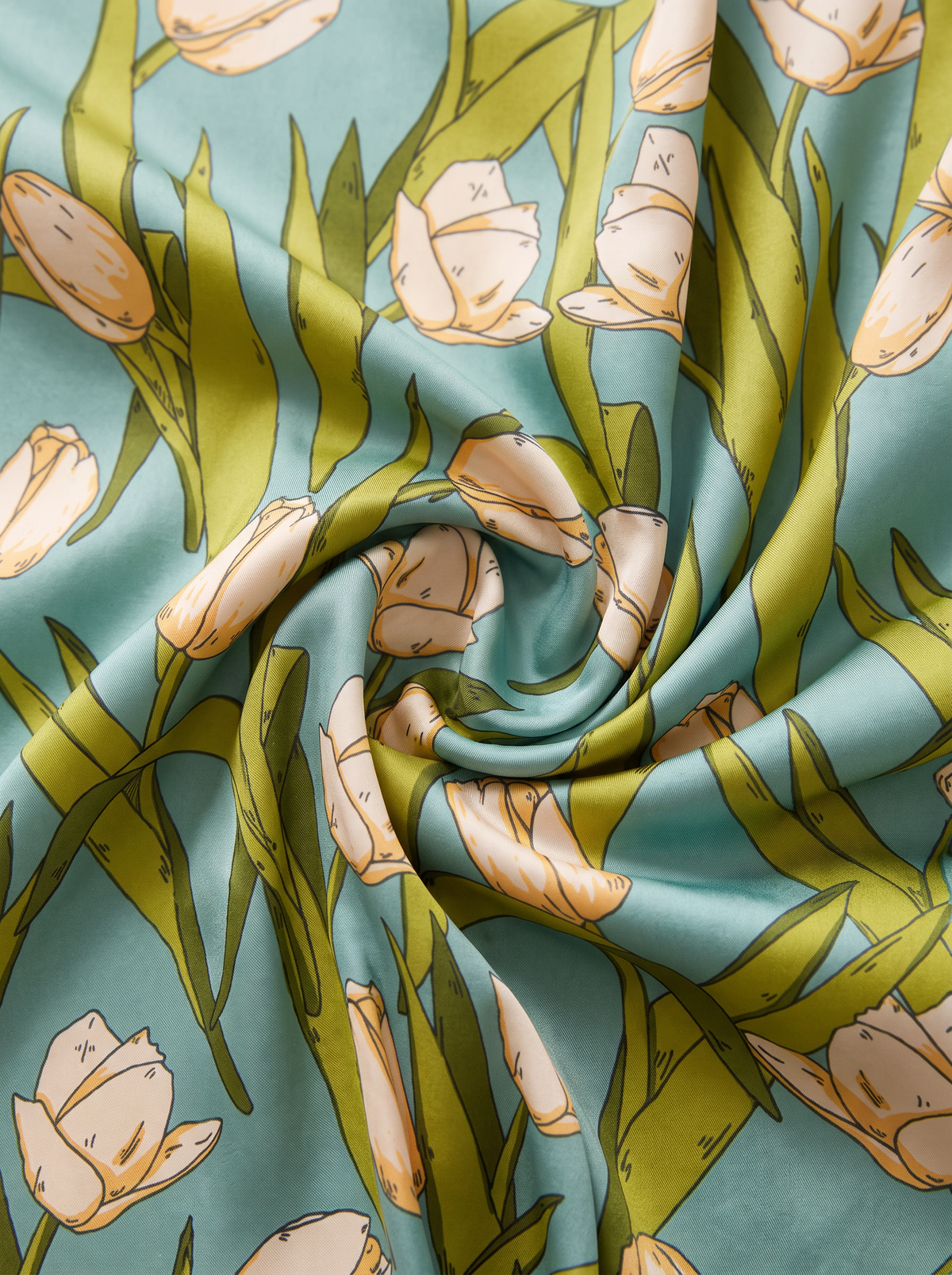 "Jade Lake Tulip" Floral 100% Mulberry Silk Scarf