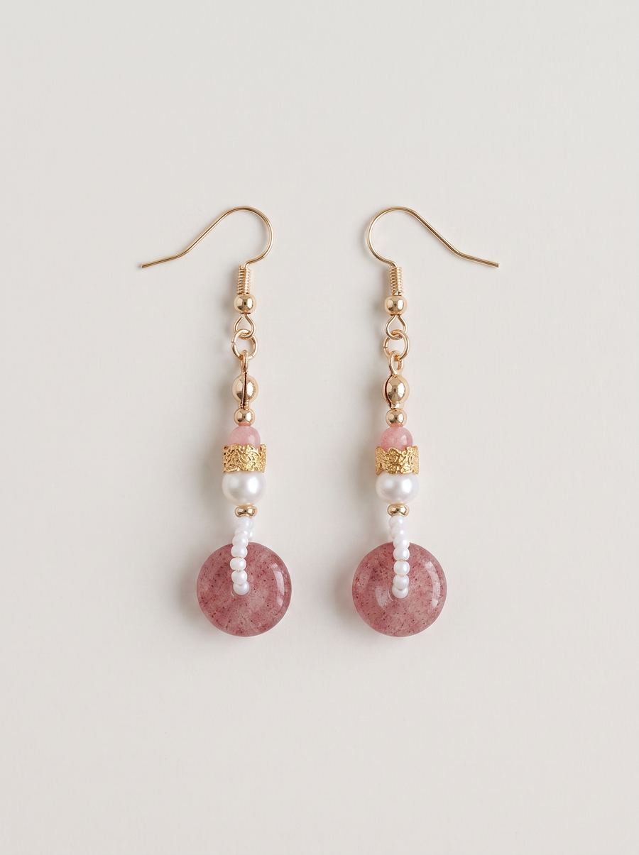 Strawberry Quartz Peace-Buckle & Pearl Drop Earrings
