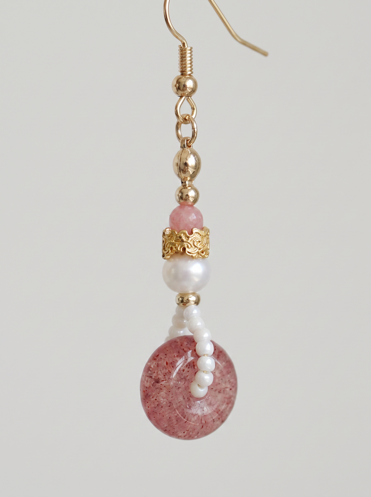 Strawberry Quartz Peace-Buckle & Pearl Drop Earrings
