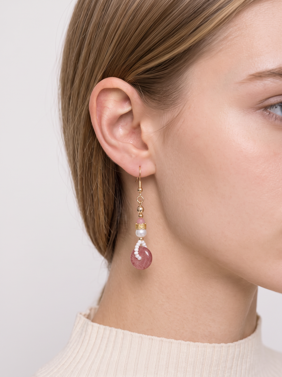 Strawberry Quartz Peace-Buckle & Pearl Drop Earrings