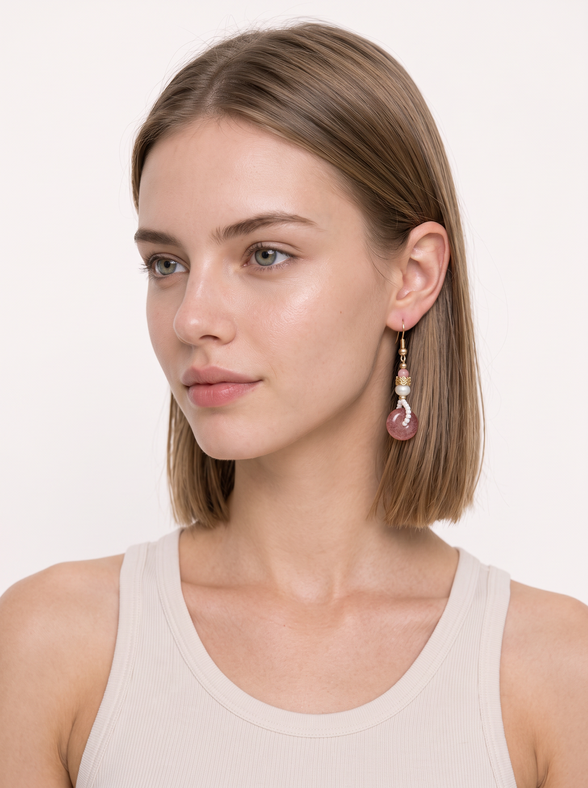 Strawberry Quartz Peace-Buckle & Pearl Drop Earrings