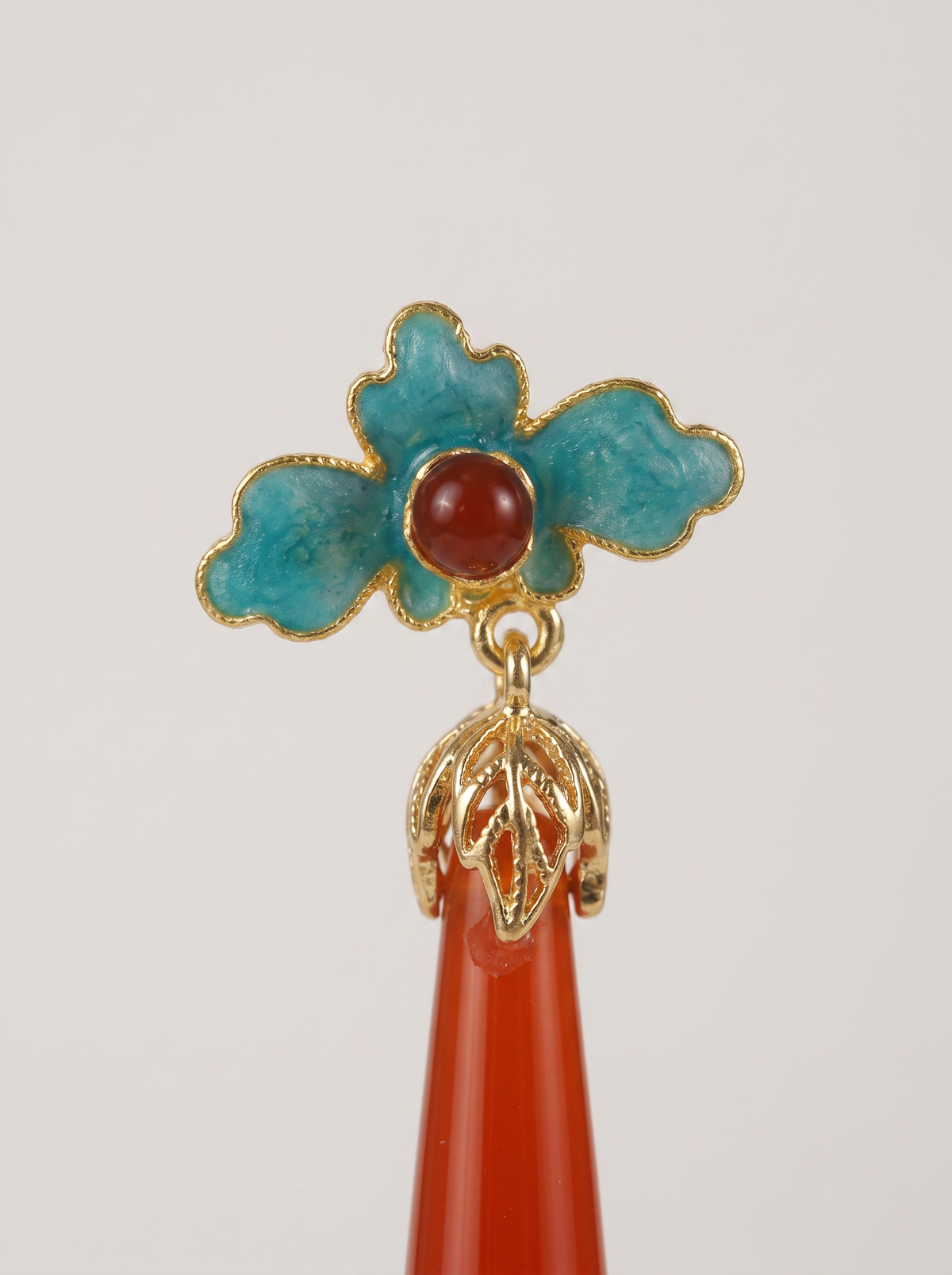 Red Agate Long-Drop Earrings — Cloisonné Blue Accent