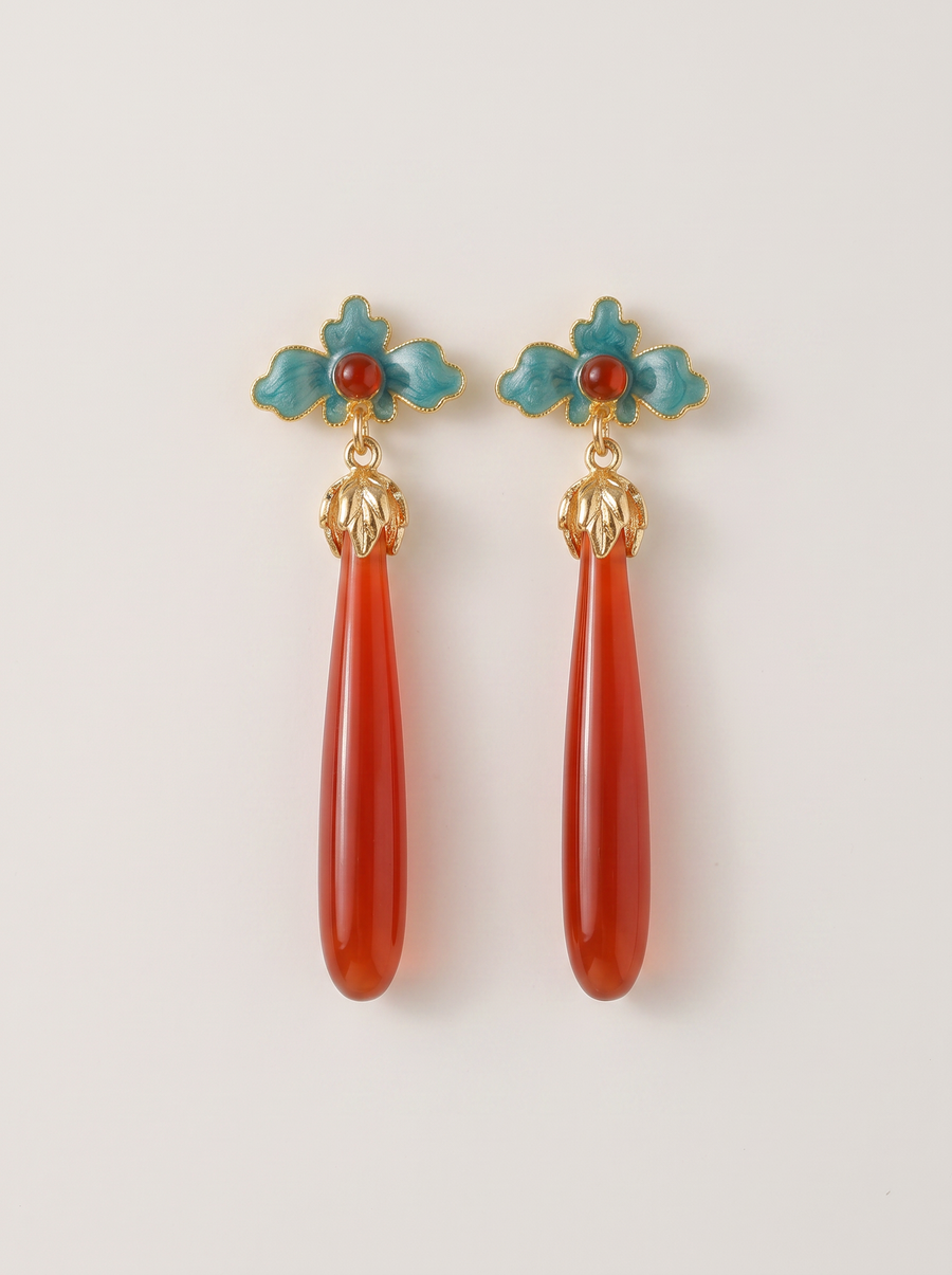 Red Agate Long-Drop Earrings — Cloisonné Blue Accent
