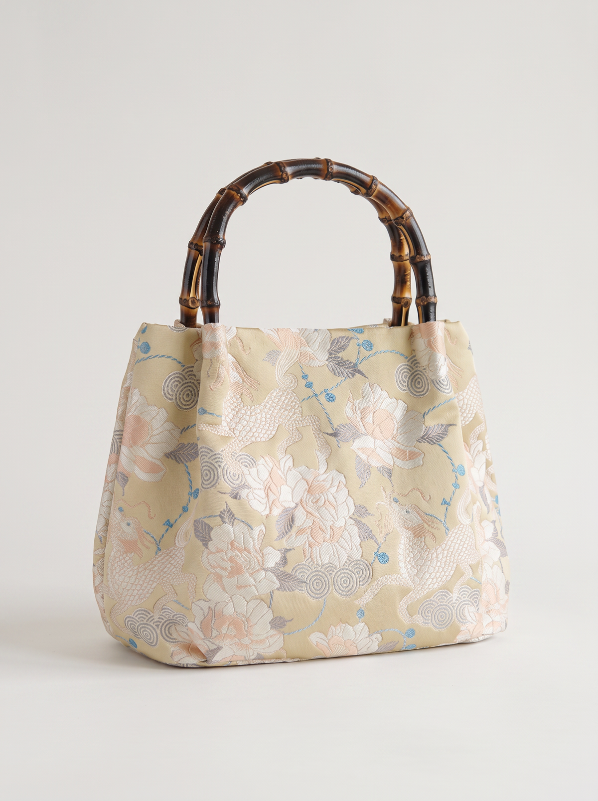 Silk Brocade Bamboo-Handle Bag — Qilin & Peony Motif
