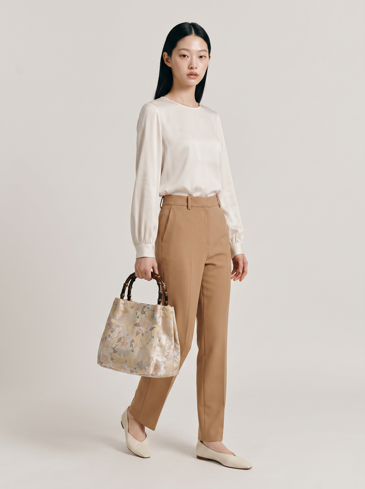 Silk Brocade Bamboo-Handle Bag — Qilin & Peony Motif