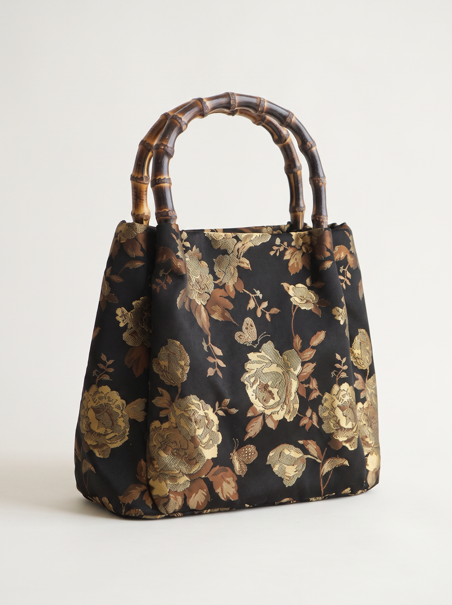 Silk Brocade Bamboo-Handle Bag — Gold Peony & Butterfly Motif