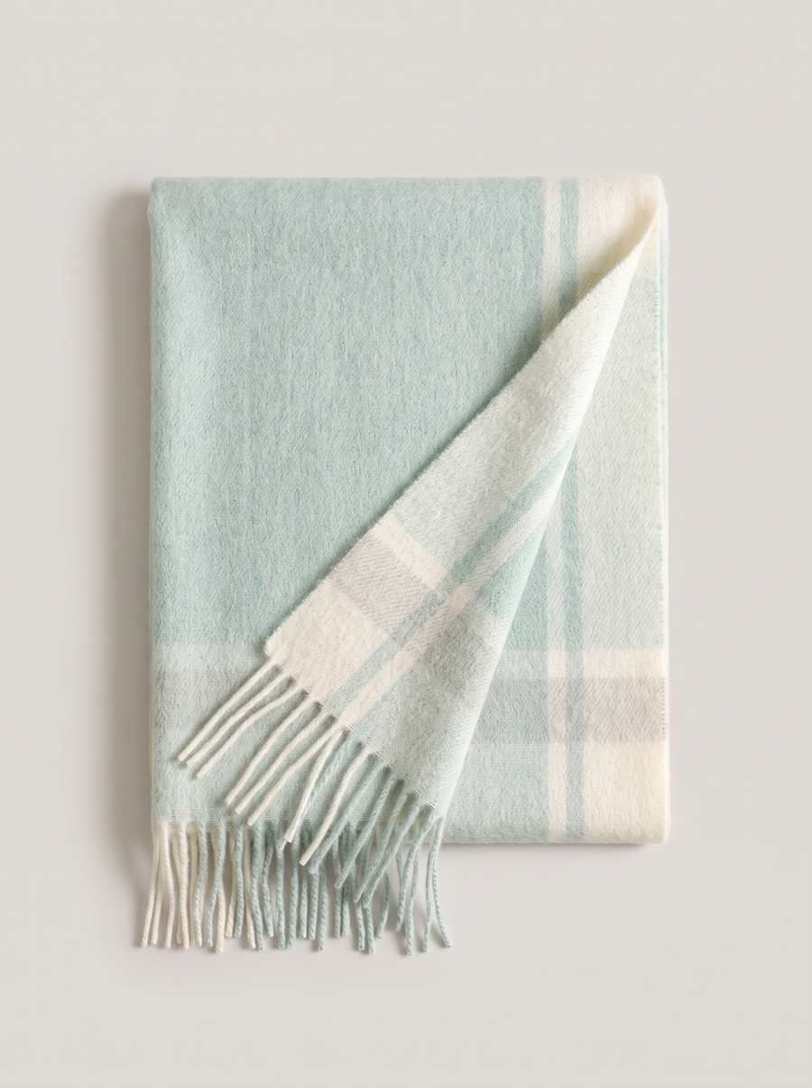 100% Wool Soft Green Check Scarf