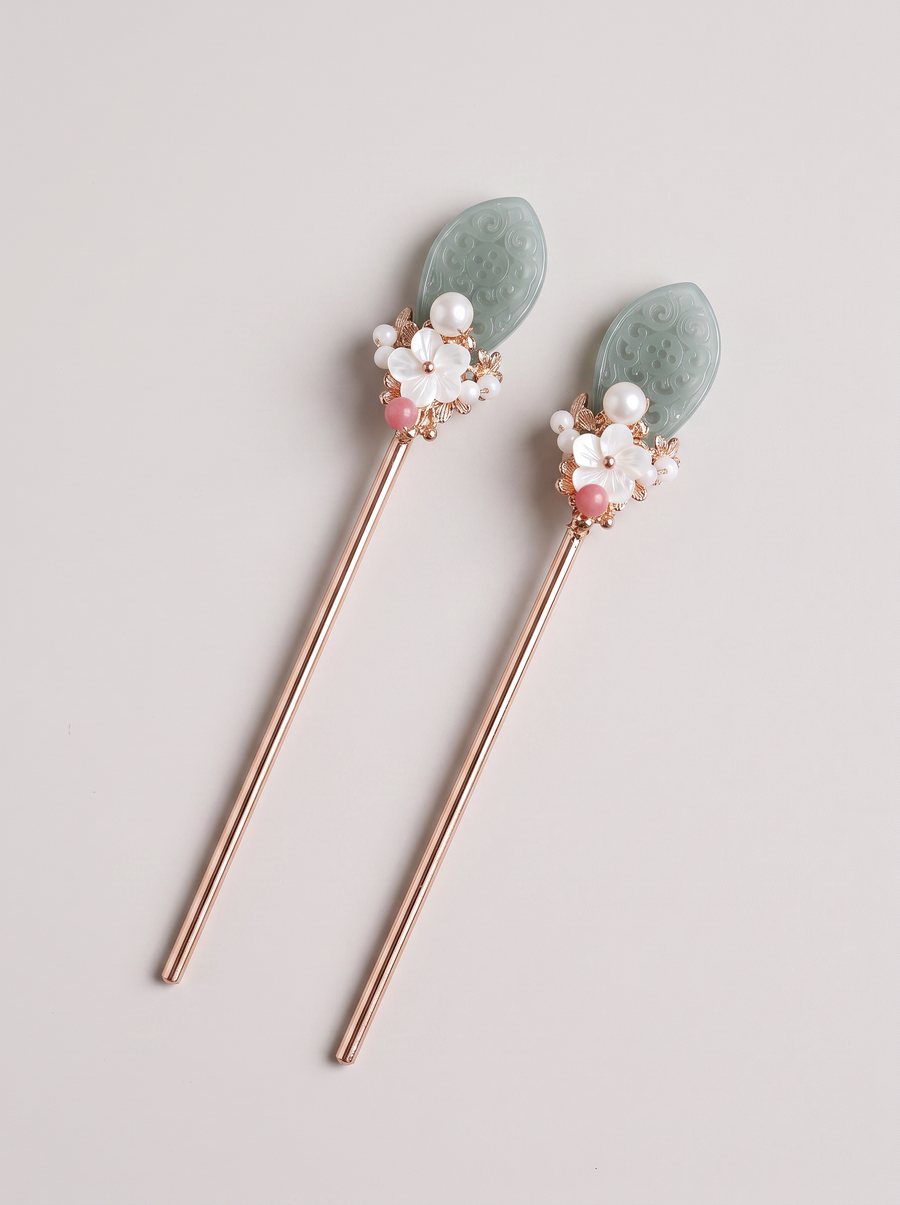 Blue Jade Carved-Plaque Hairpin — Pearl & Shell Flowers
