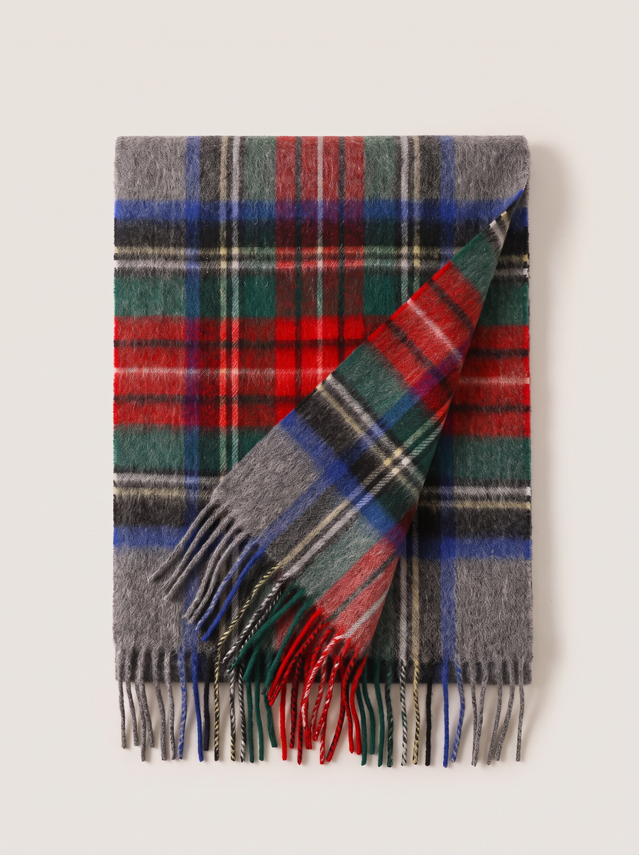 100% Wool Grey Red Plaid Scarf