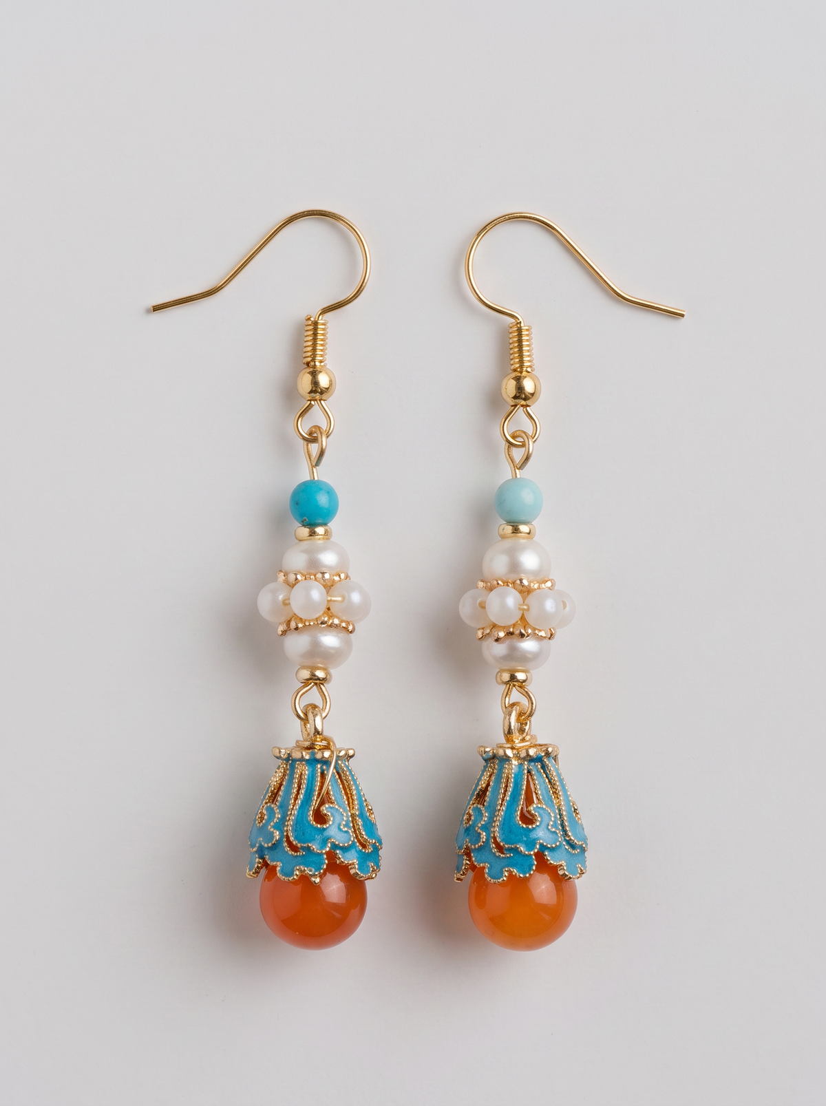 Cloisonné & Agate Drop Earrings — Turquoise and Pearl