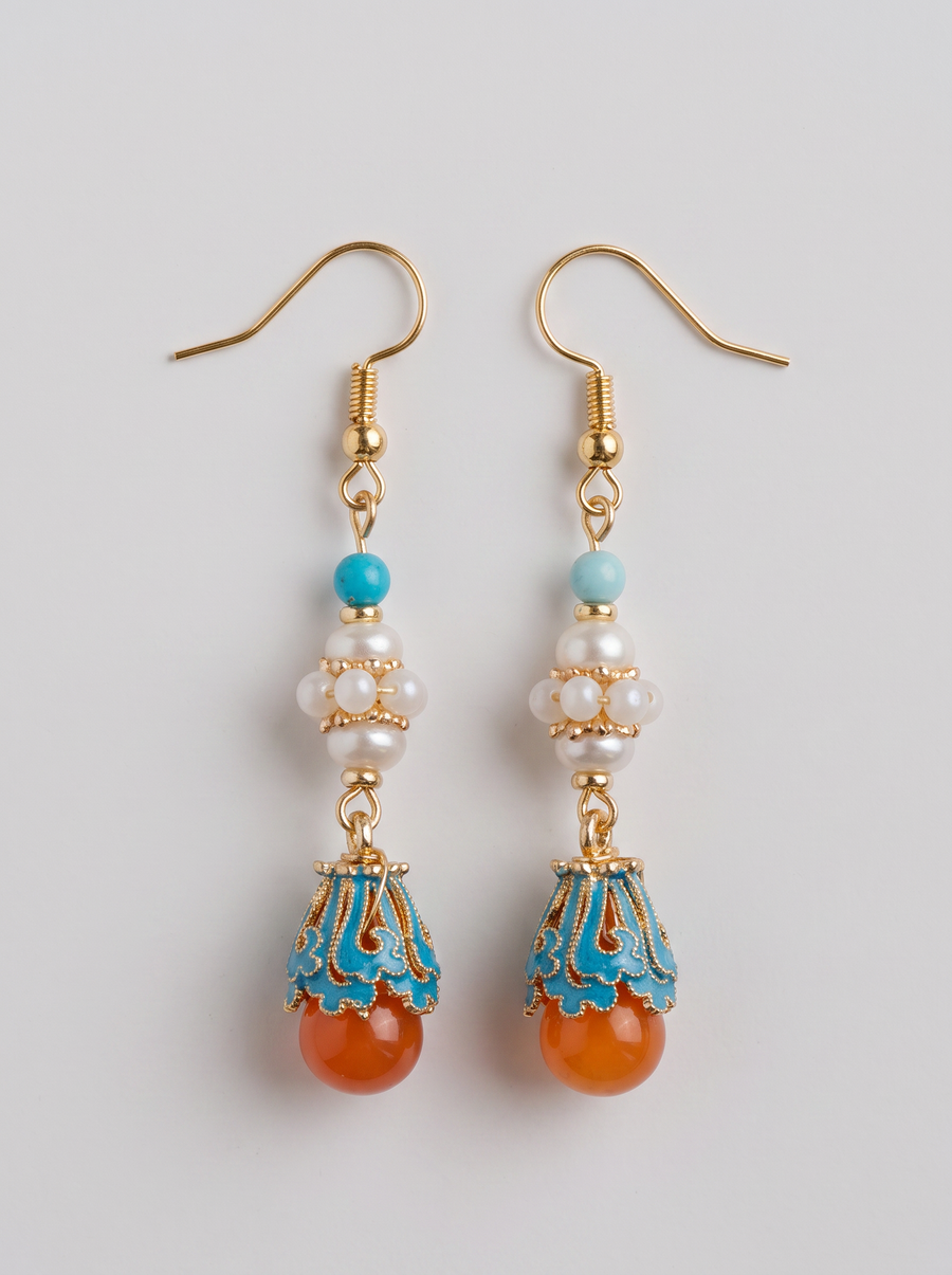 Cloisonné & Agate Drop Earrings — Turquoise and Pearl