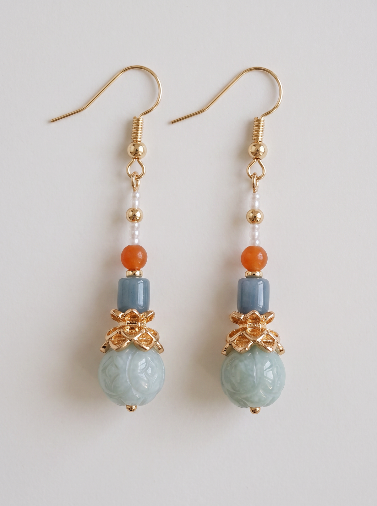 Jade Pumpkin-Bead Drop Earrings — Blue-Green Feicui
