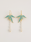 Cloisonné Bamboo-Leaf & Pearl Drop Earrings