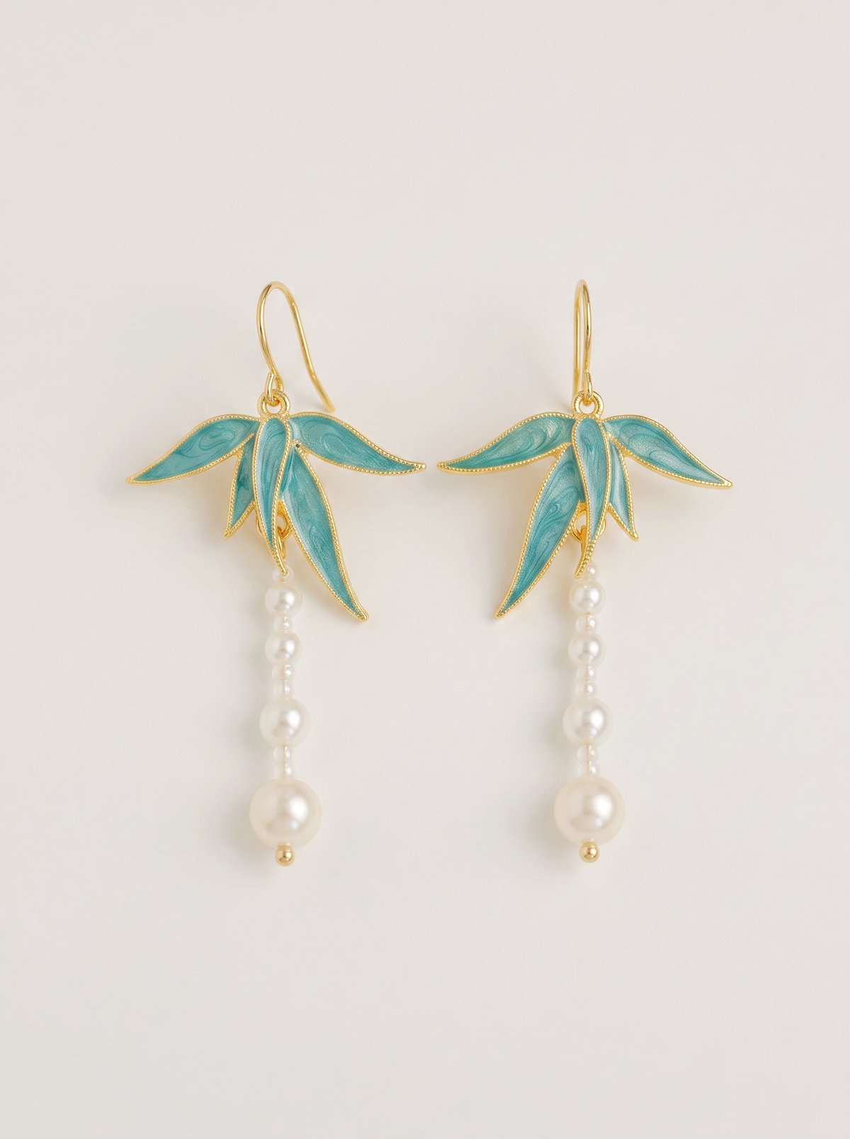 Cloisonné Bamboo-Leaf & Pearl Drop Earrings