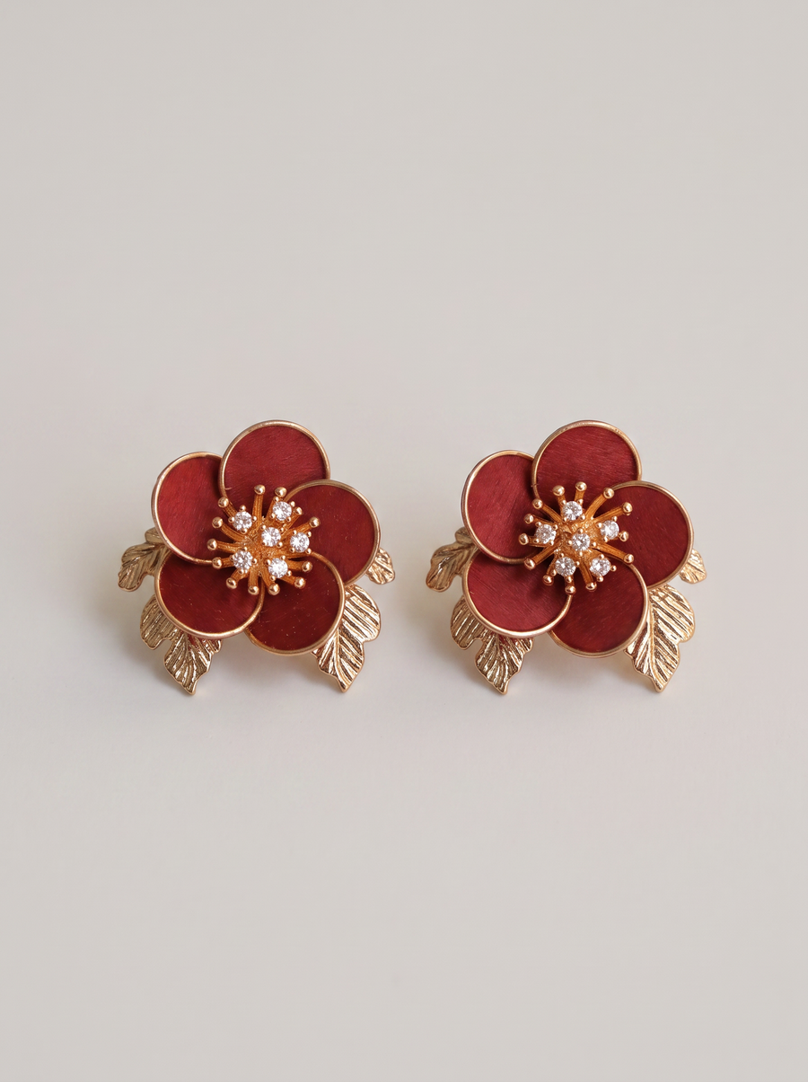 Red Plum Blossom Velvet Stud Earrings — Handmade Ronghua