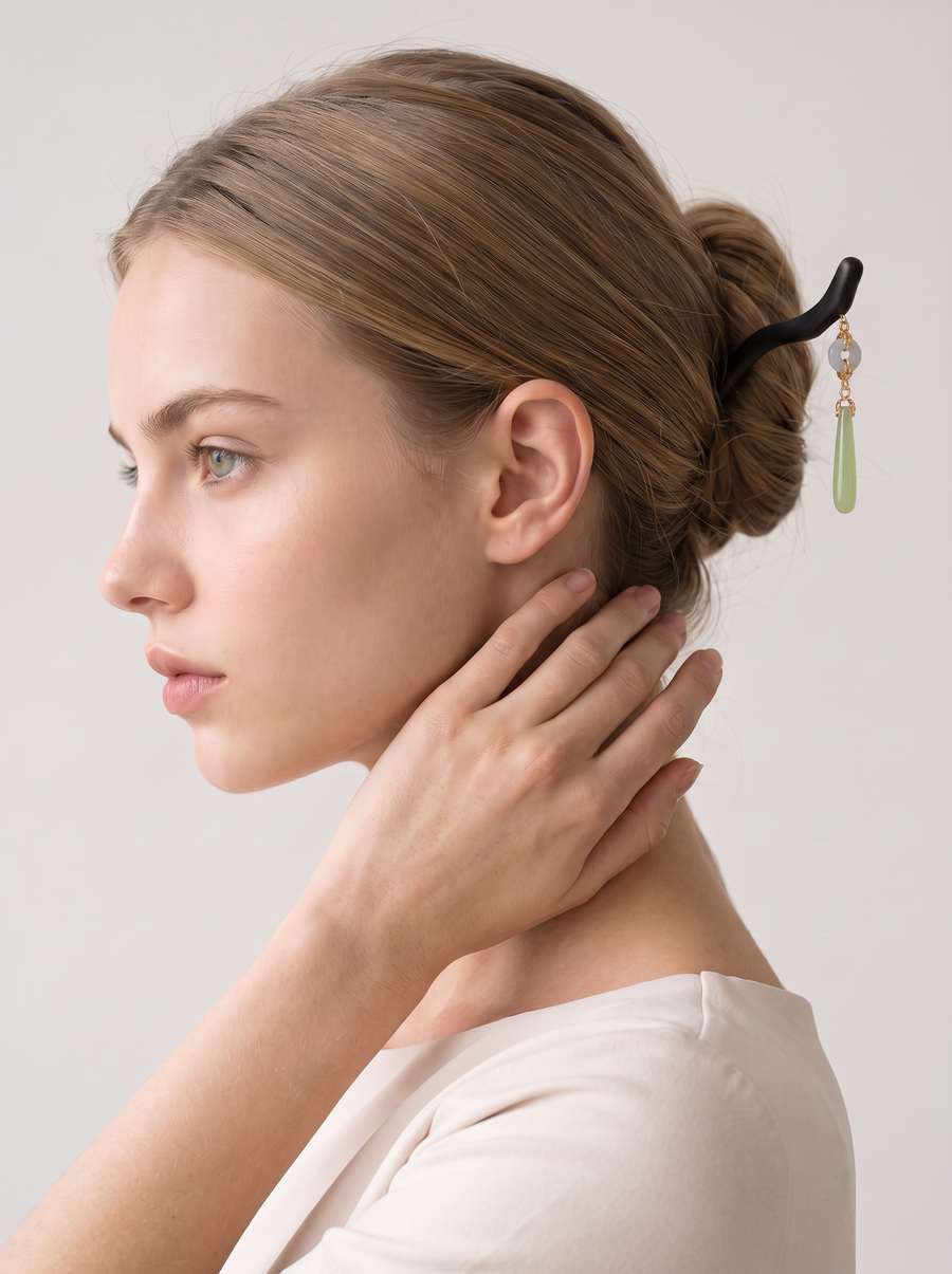 Green Agate Water-Drop Ebony Hairpin — Minimalist