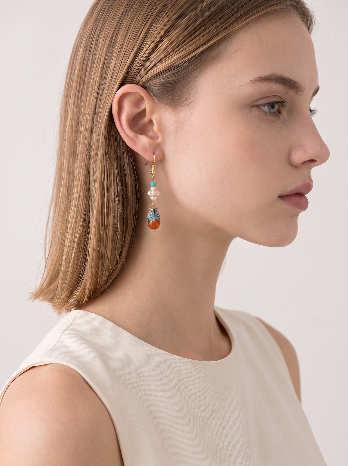 Cloisonné & Agate Drop Earrings — Turquoise and Pearl