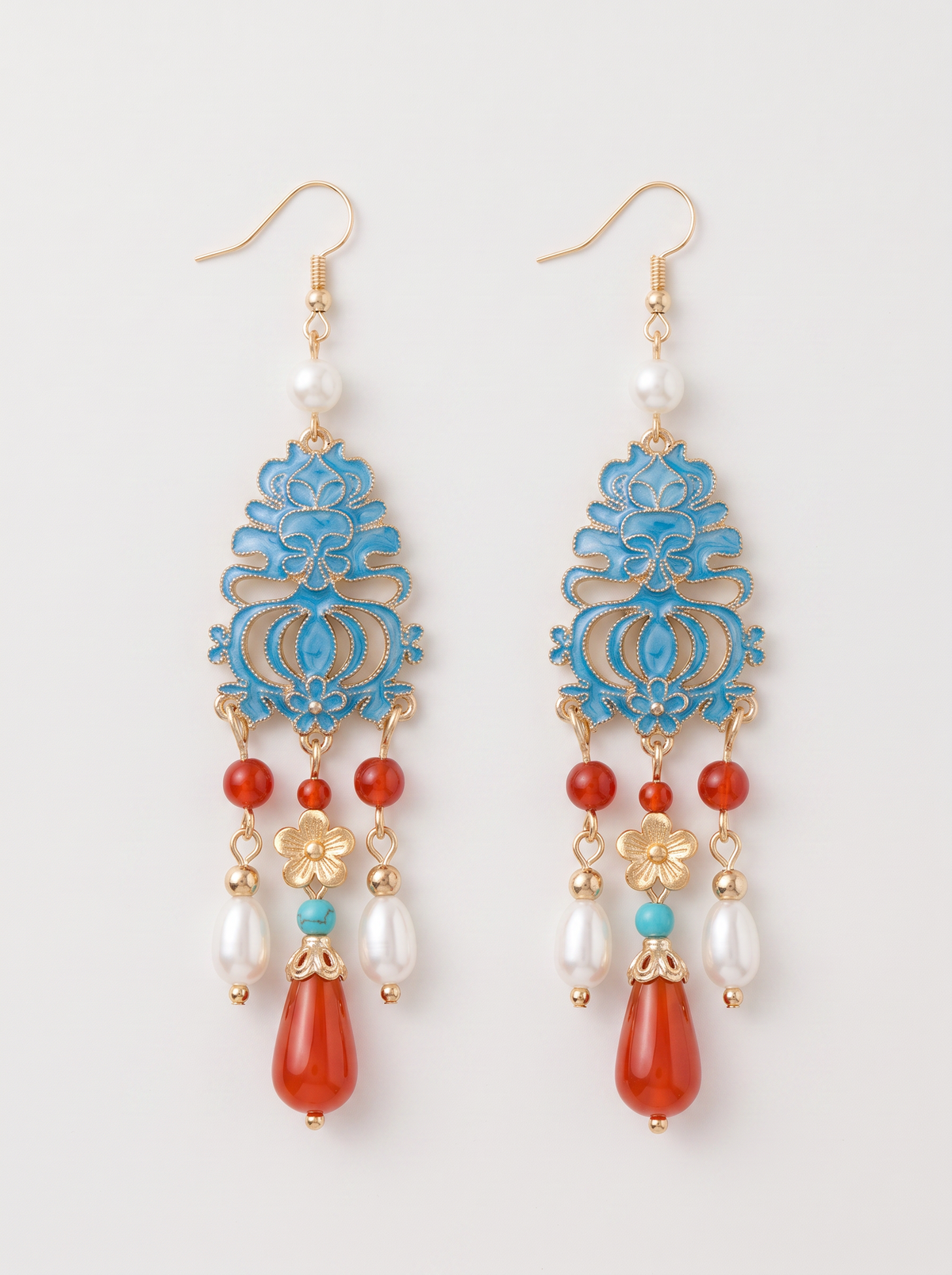 Long Cloisonné Tassel Earrings — Red Agate & Pearl