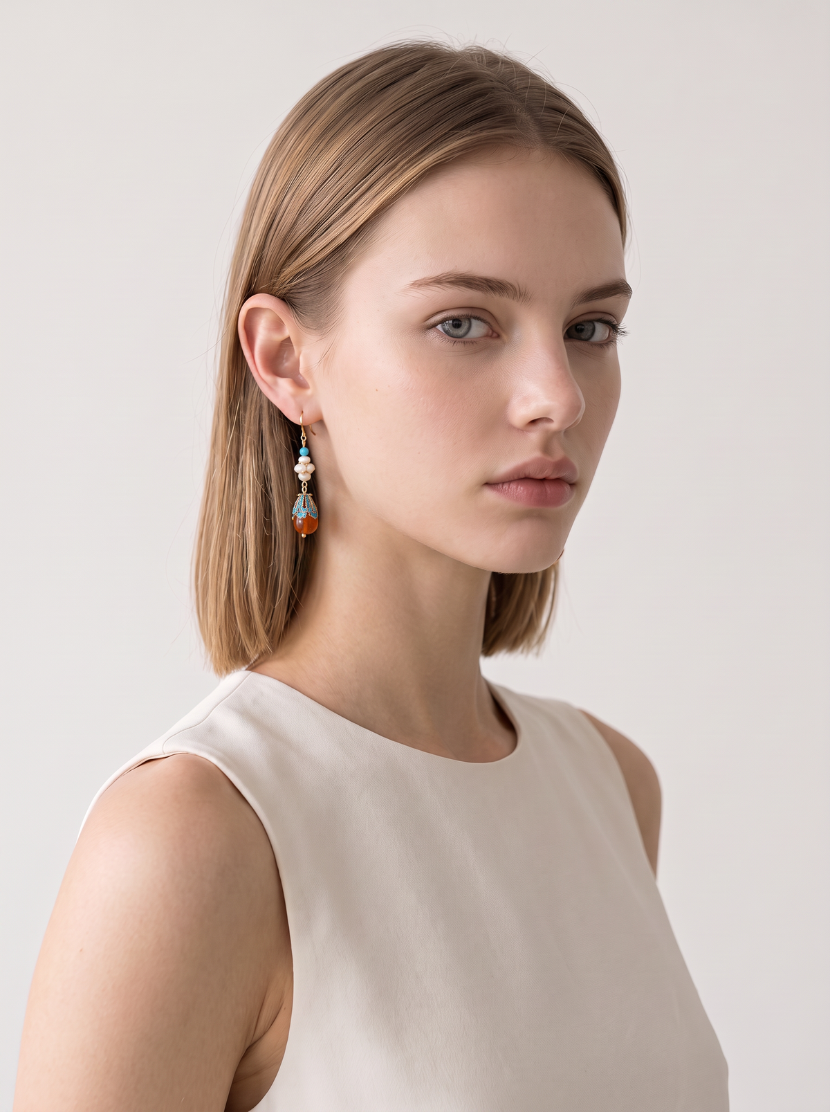 Cloisonné & Agate Drop Earrings — Turquoise and Pearl