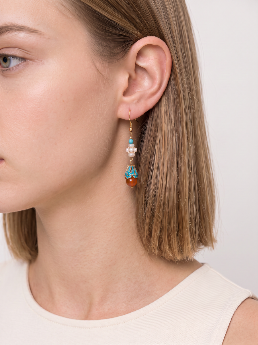 Cloisonné & Agate Drop Earrings — Turquoise and Pearl