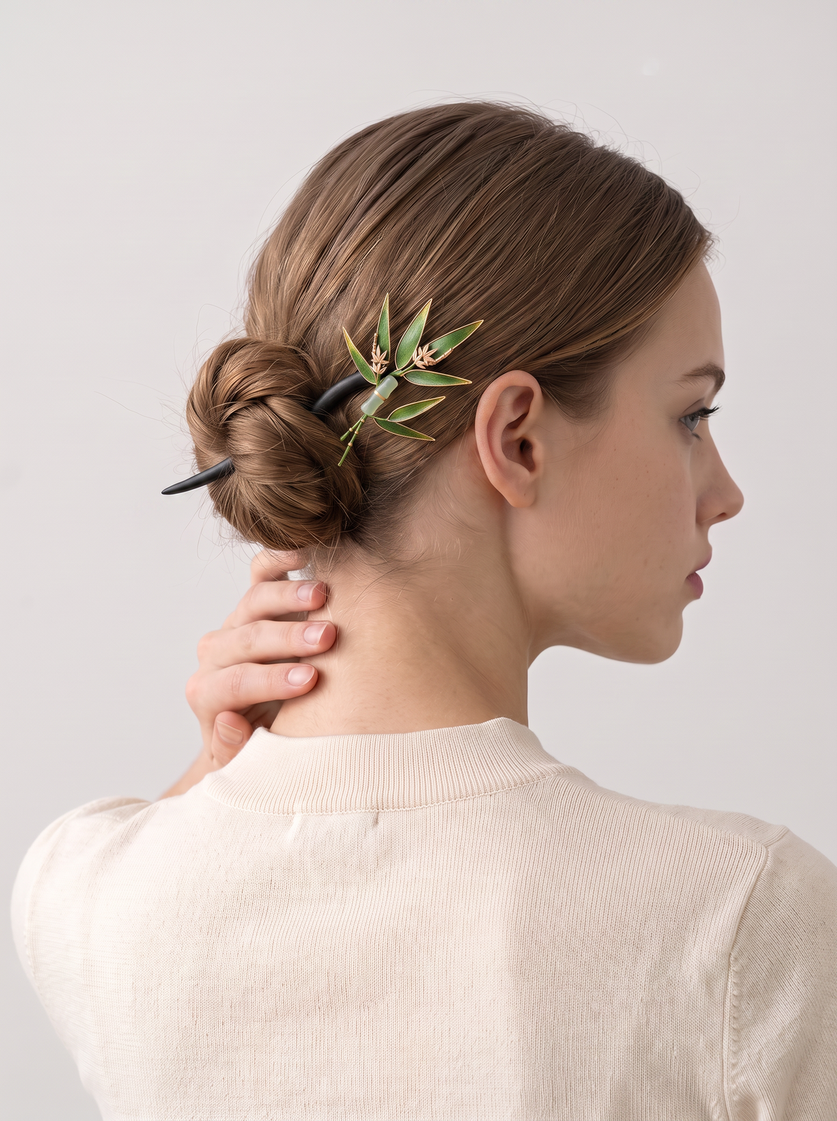 Silk Velvet Bamboo-Leaf Hairpin — Ebony Wood Hair Stick