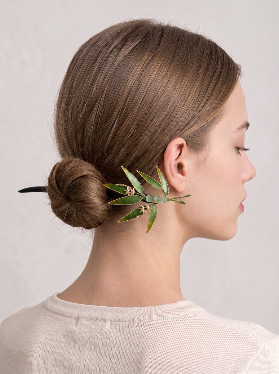 Silk Velvet Bamboo-Leaf Hairpin — Ebony Wood Hair Stick