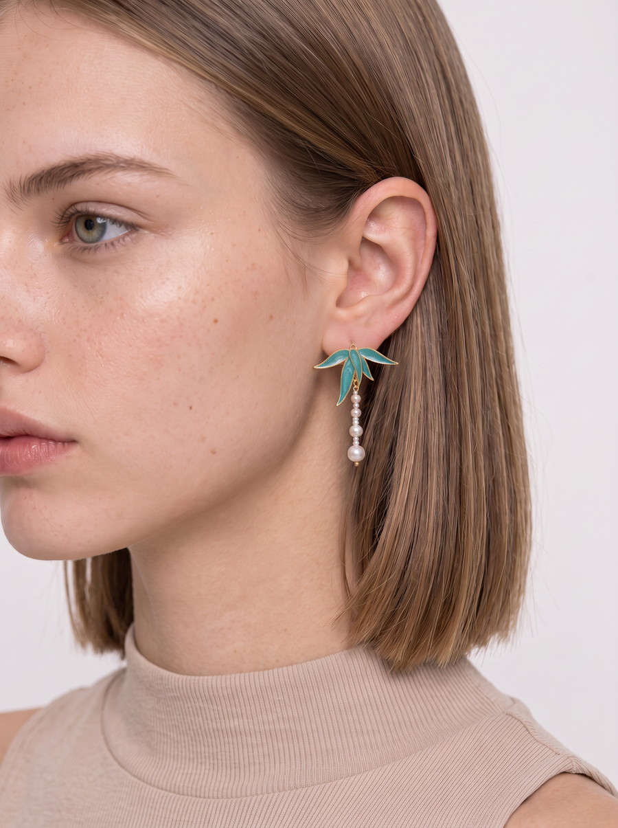 Cloisonné Bamboo-Leaf & Pearl Drop Earrings