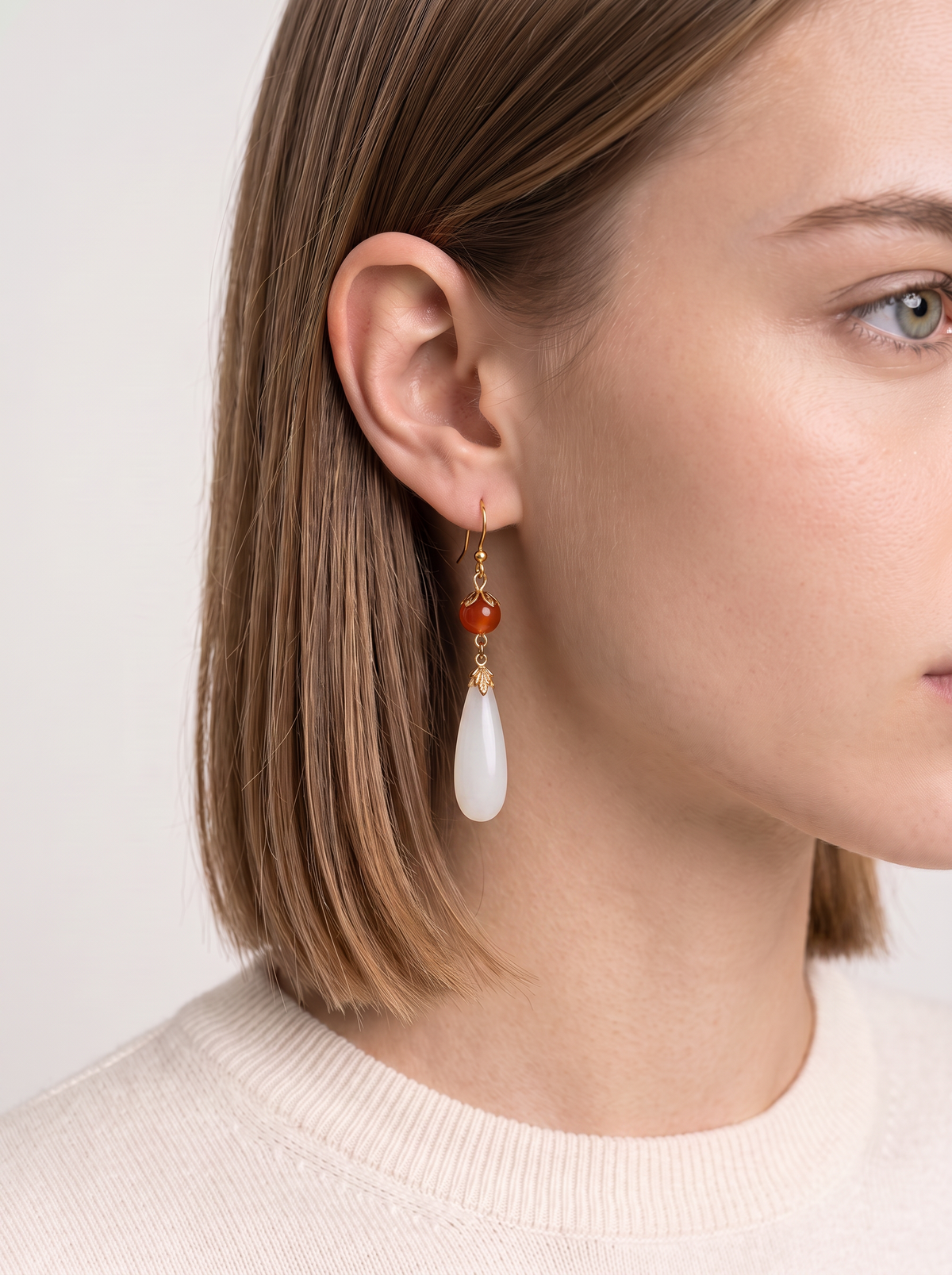 White Jade & Agate Water-Drop Earrings — Lily of the Valley
