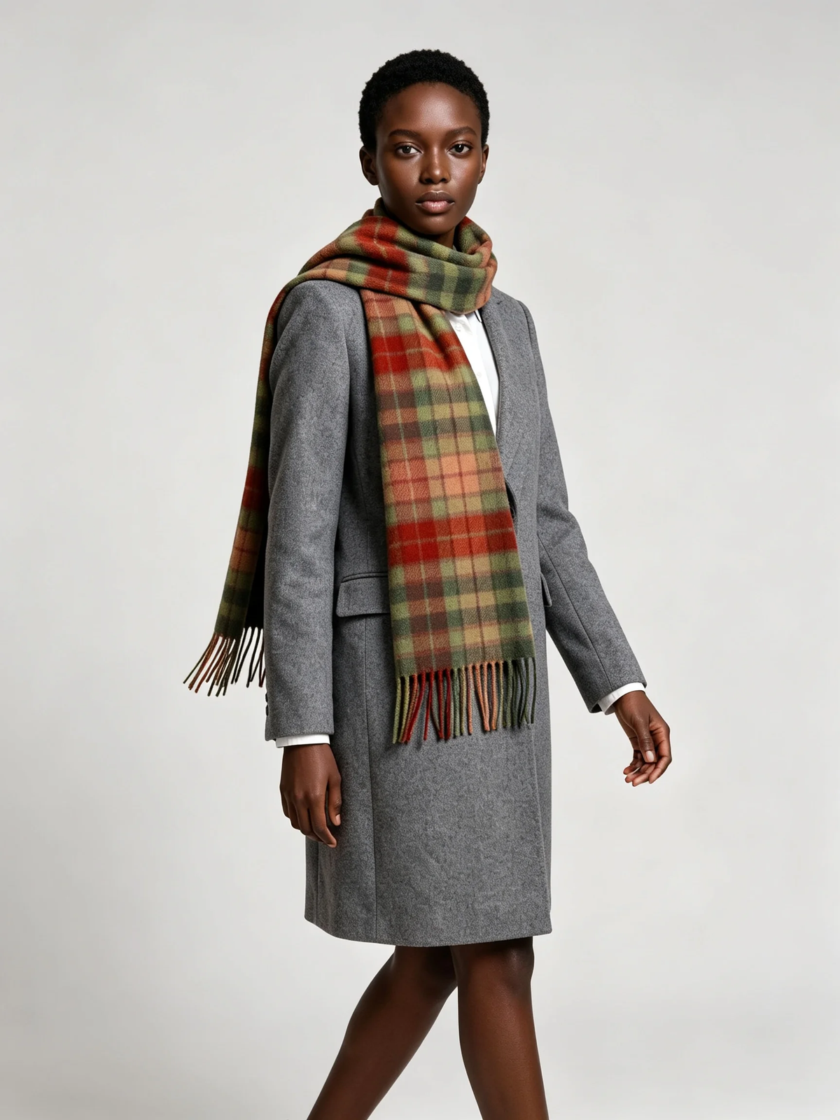 100% Wool Olive Red Check Scarf