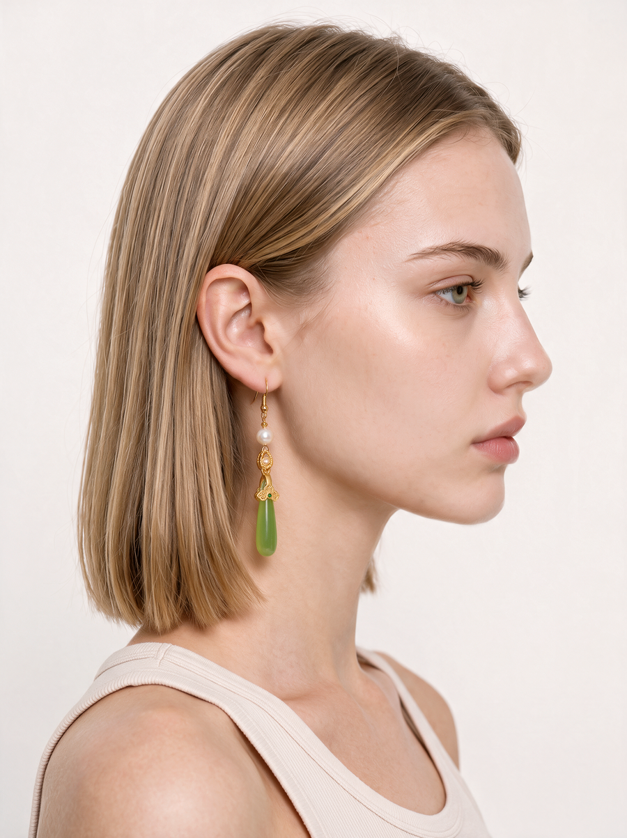 Grape Agate & Pearl Long Drop Earrings — Spring Green
