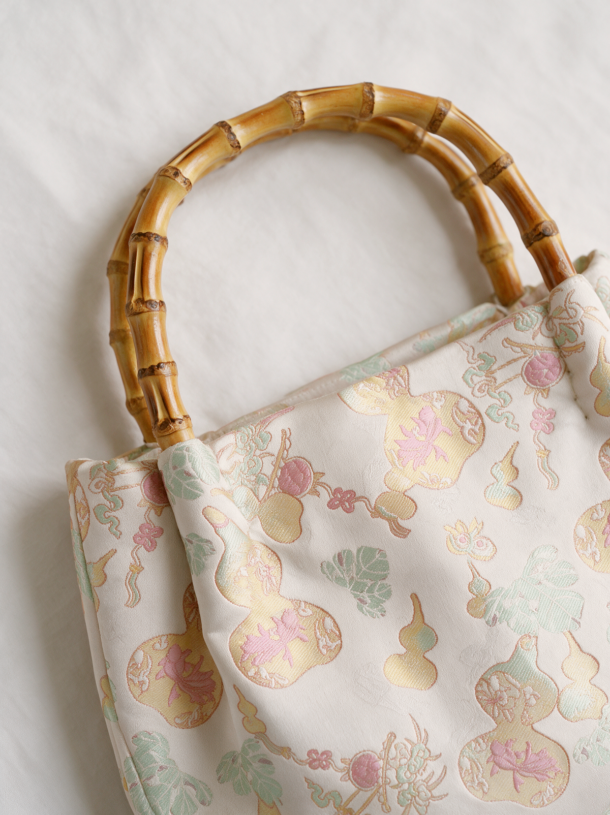 Silk Brocade Bamboo-Handle Bag — Gourd (Fu-Lu) Motif